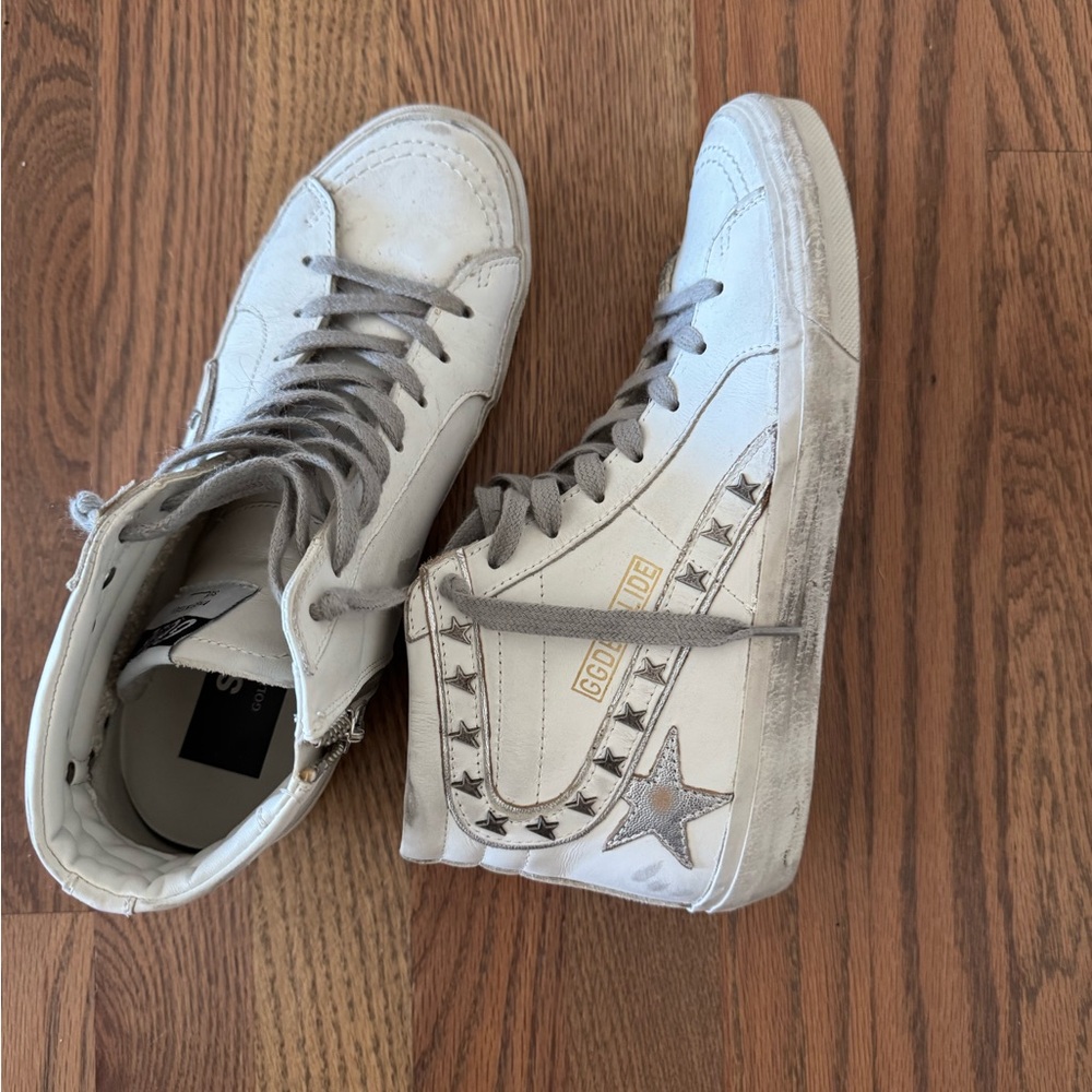 Golden Goose Women's Slide Studded Leather High Top Sneakers Optic White/Silver - Picture 4 of 5